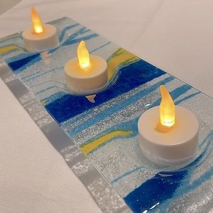 Infused glass, yellow/blue, use for 3 tea lights/sauces/jewelry